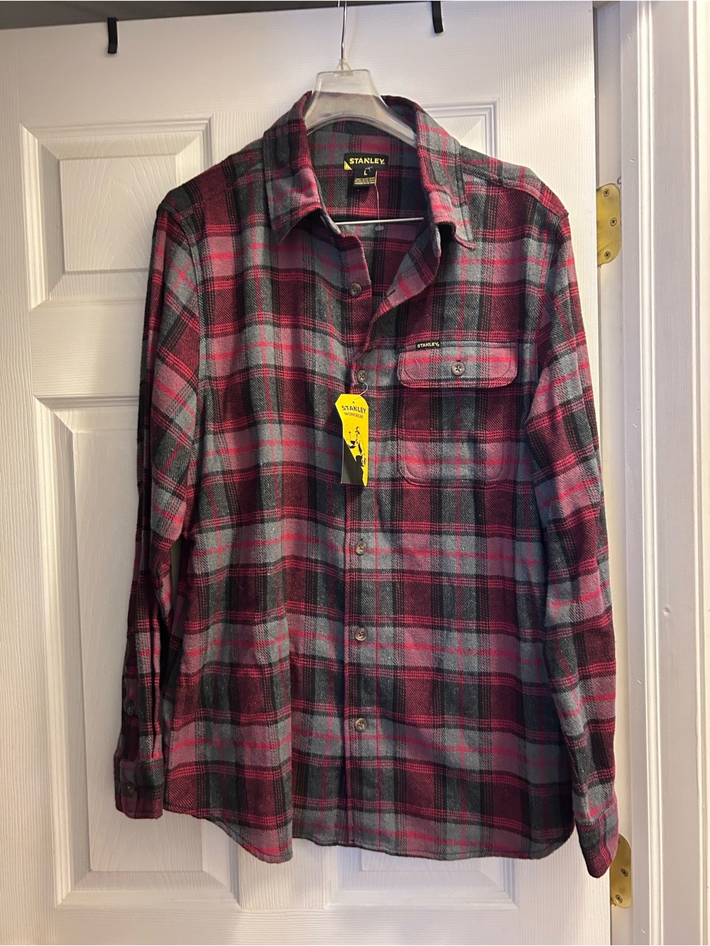 NWT Stanley Workwear Flannel Button Down Shirt Burgundy/Black Plaid Large